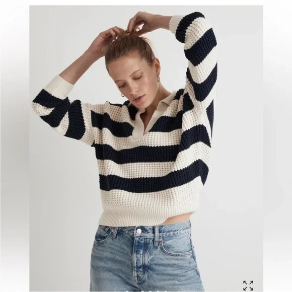 Madewell Antique Cream Striped Waffle-Knit Henley Sweater Size M Relaxed Fit - Picture 4 of 16